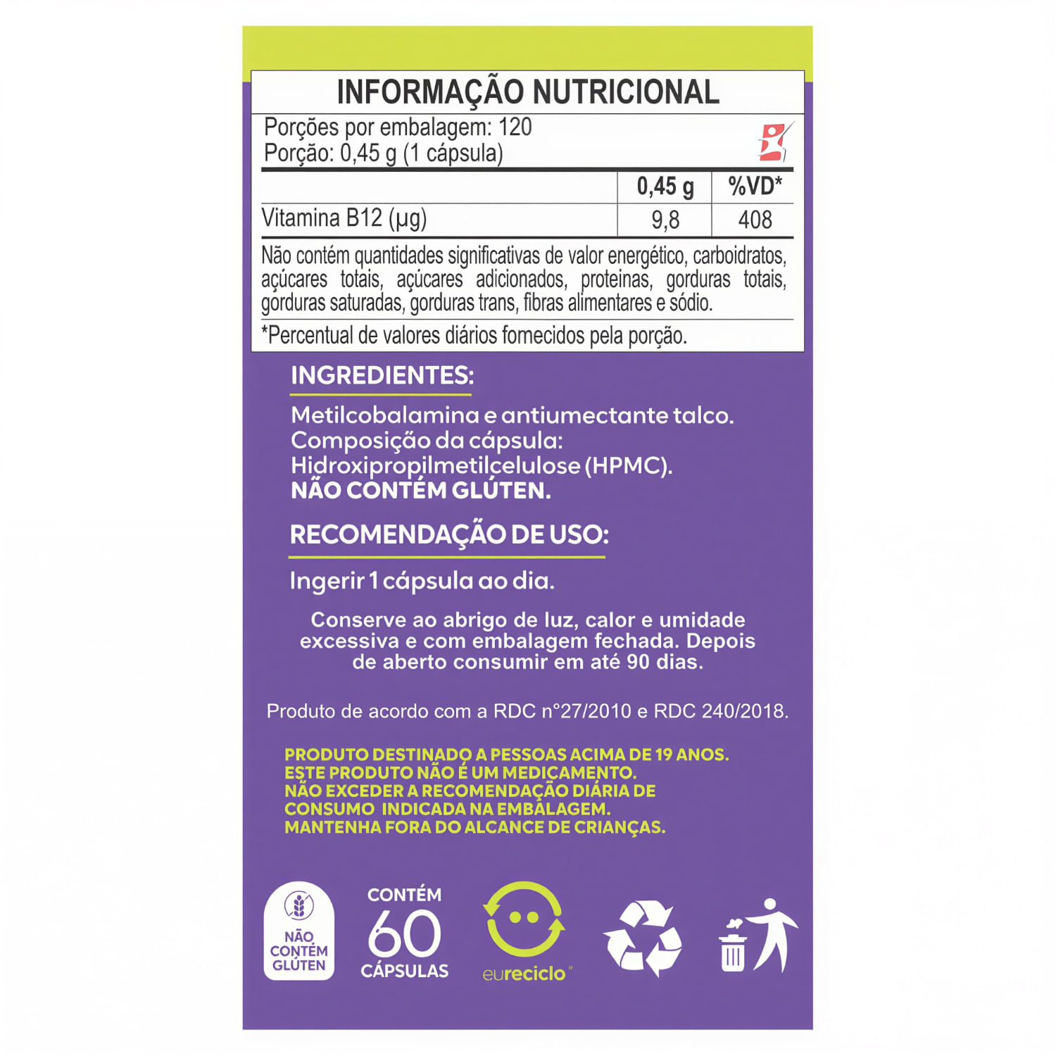 Vitamina B12 Metilcobalamina Maltta Nutrition 120 Cápsulas Veganas
