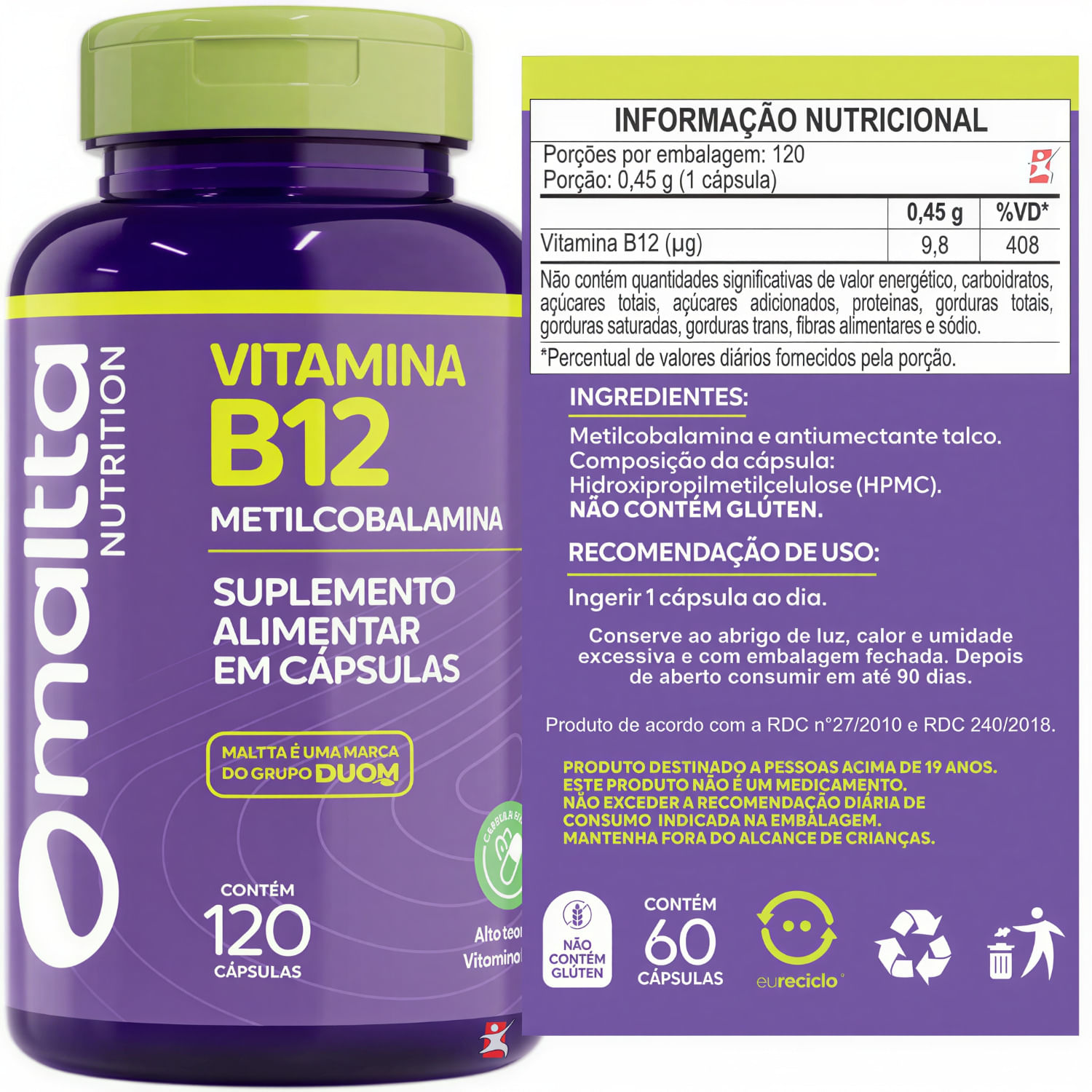Vitamina B12 Metilcobalamina Maltta Nutrition 120 Cápsulas Veganas