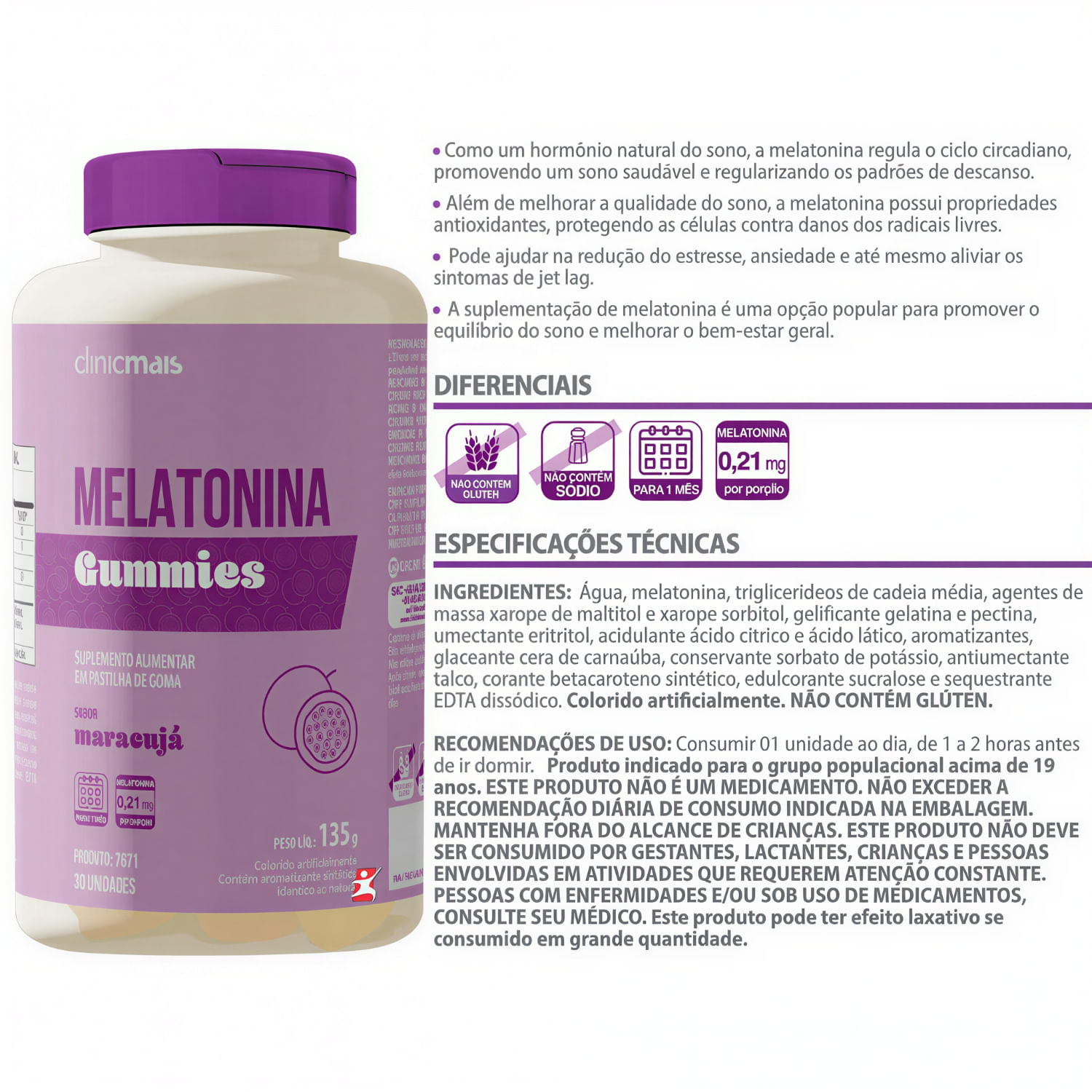Gomas De Melatonina Concentrada Clinicmais Sabor Maracujá 30 Gummies