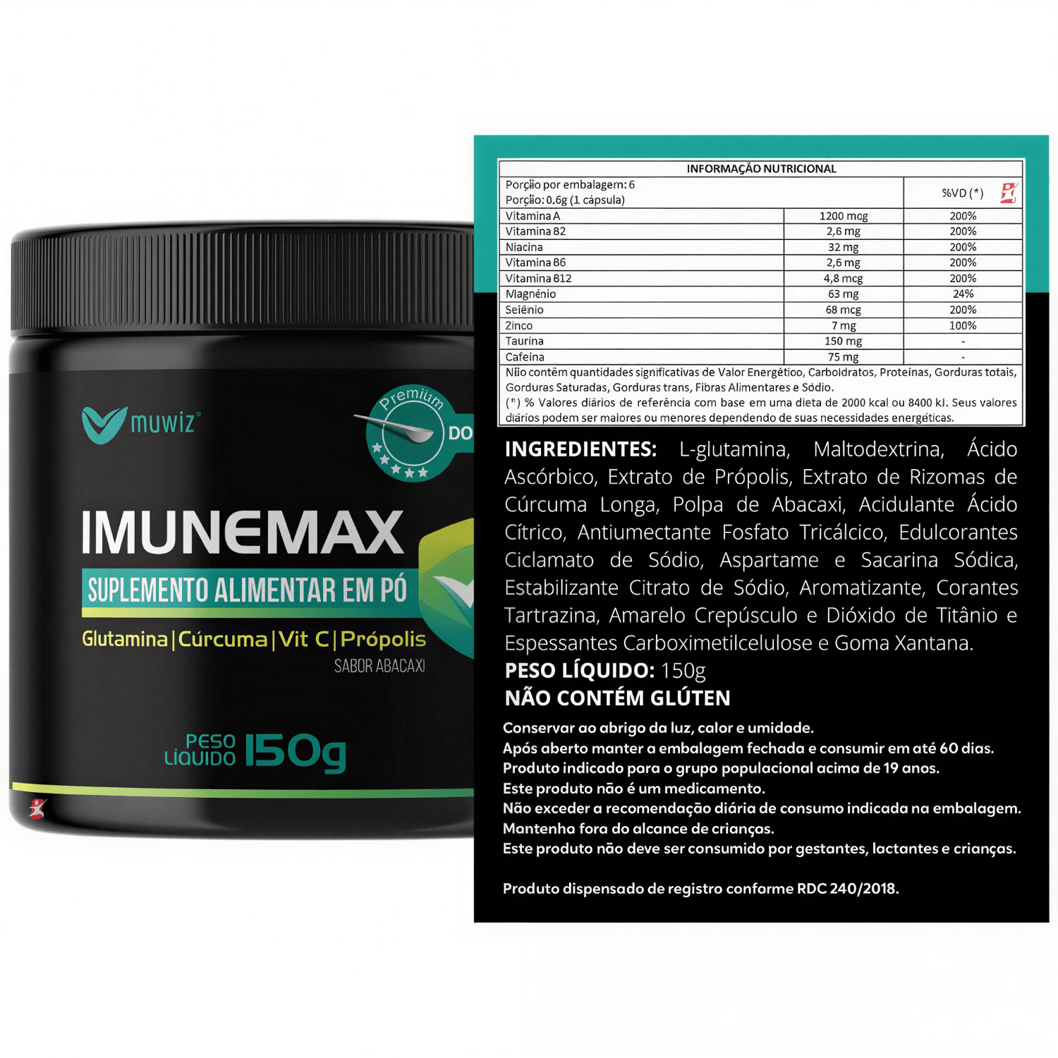 Imunemax Cúrcuma + Glutamina + Própolis + Vit C Muwiz Sabor Abacaxi 150g