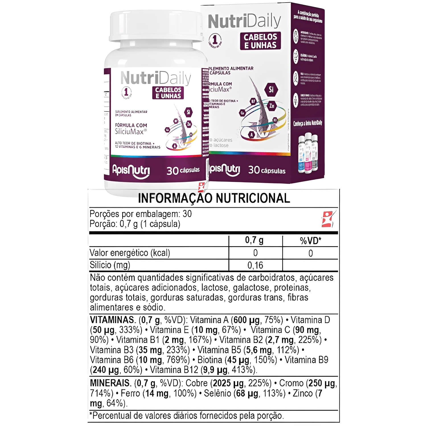 Nutridaily Cabelos E Unhas Siliciumax® + 12 Vitaminas + 6 Minerais Apisnutri 30 Cápsulas