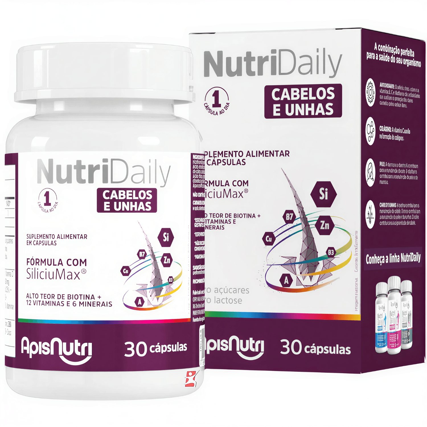 Nutridaily Cabelos E Unhas Siliciumax® + 12 Vitaminas + 6 Minerais Apisnutri 30 Cápsulas