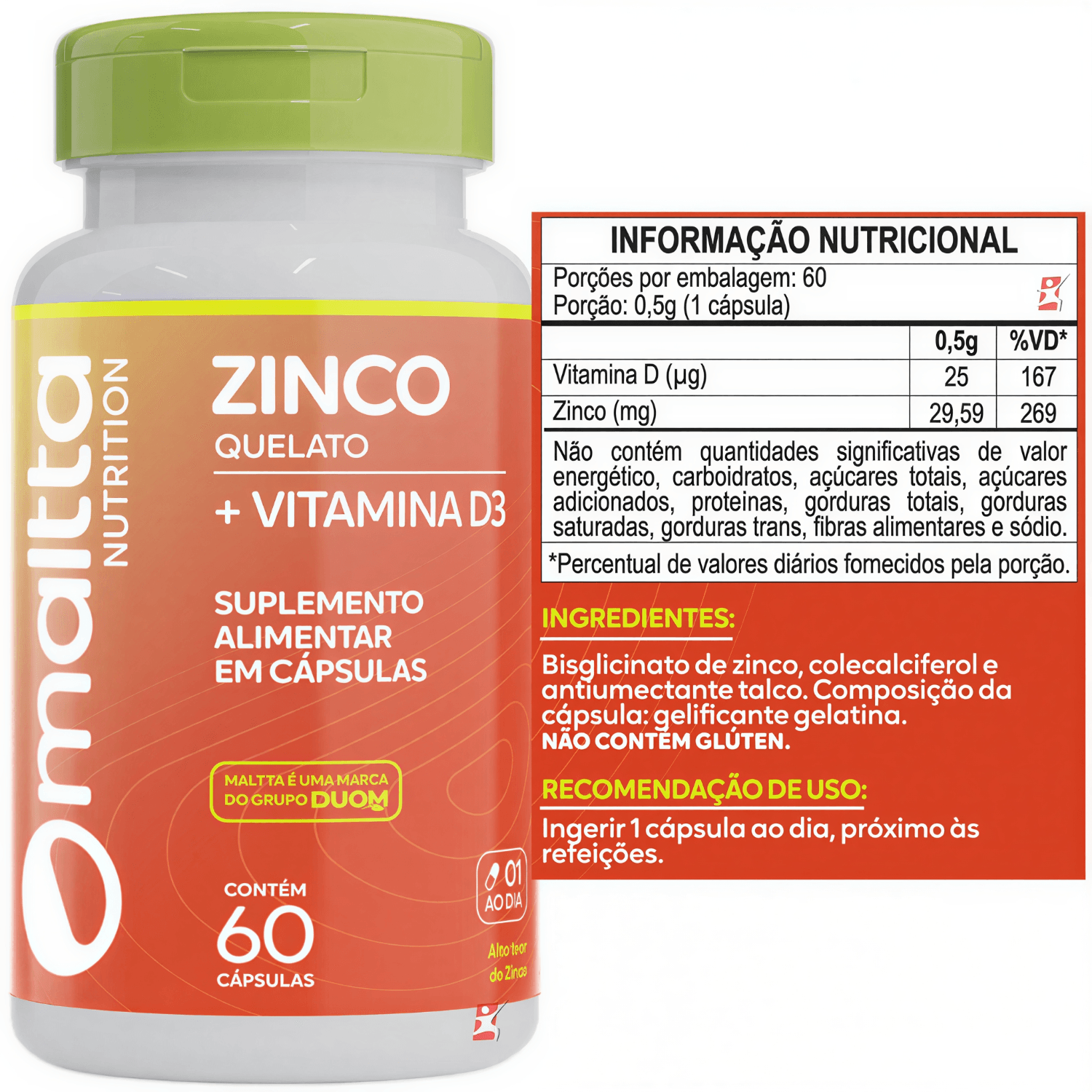 Zinco Quelato + Vitamina D3 Maltta Nutrition 60 Cápsulas
