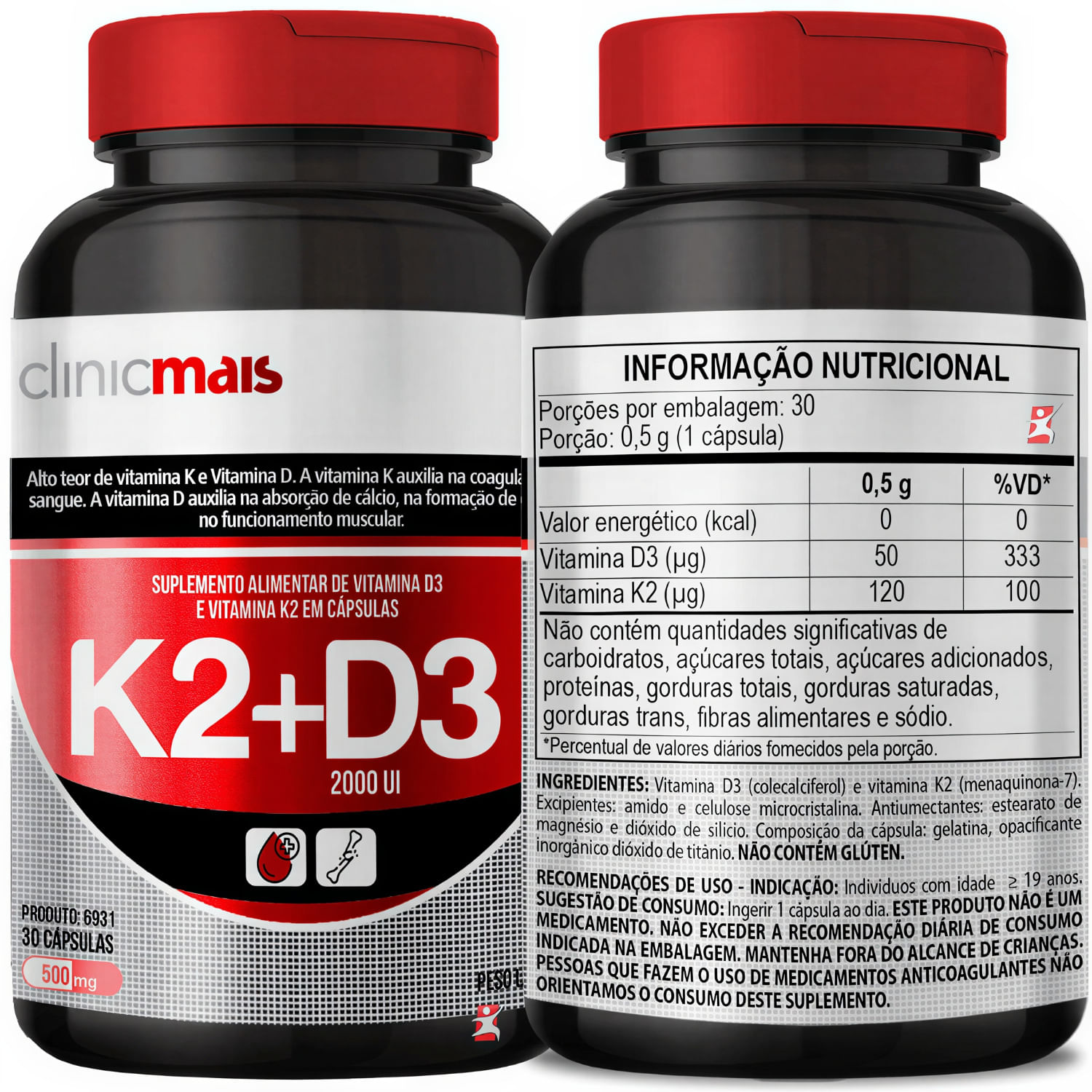 Vitamina K2 + D3 ClinicMais 30 cápsulas