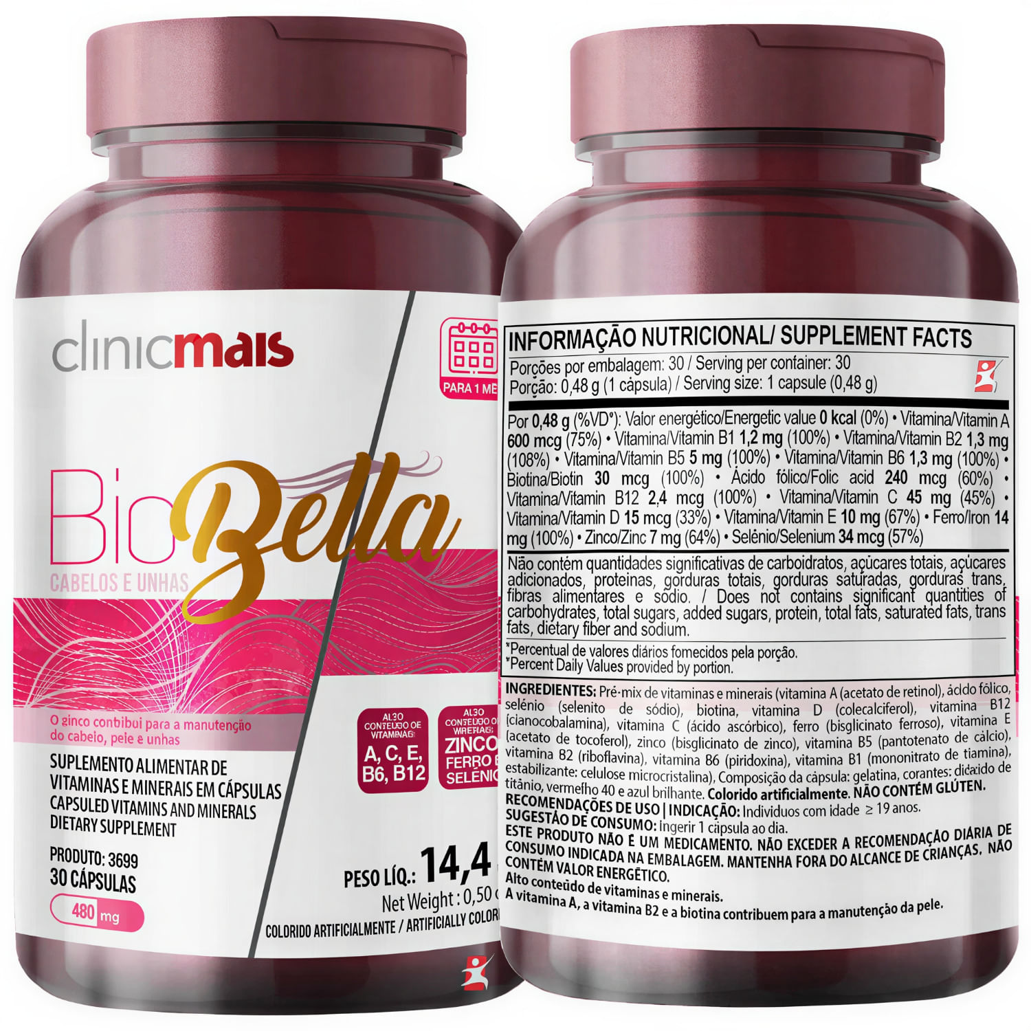 BioBella Cabelos e Unhas ClinicMais 480mg 30 Cápsulas