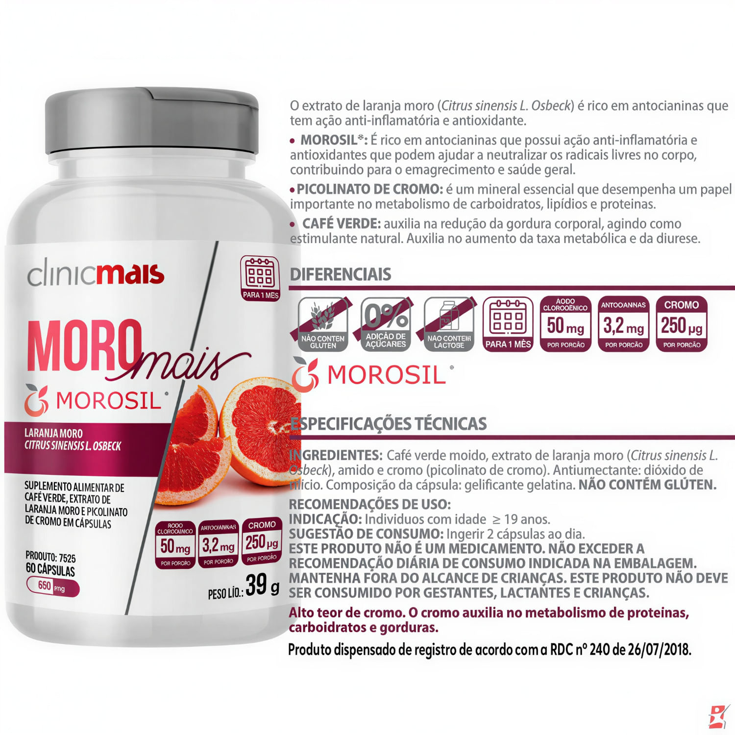 Morosil (Laranja Moro) Selo Autenticidade ClinicMais 650mg 60 Cápsulas