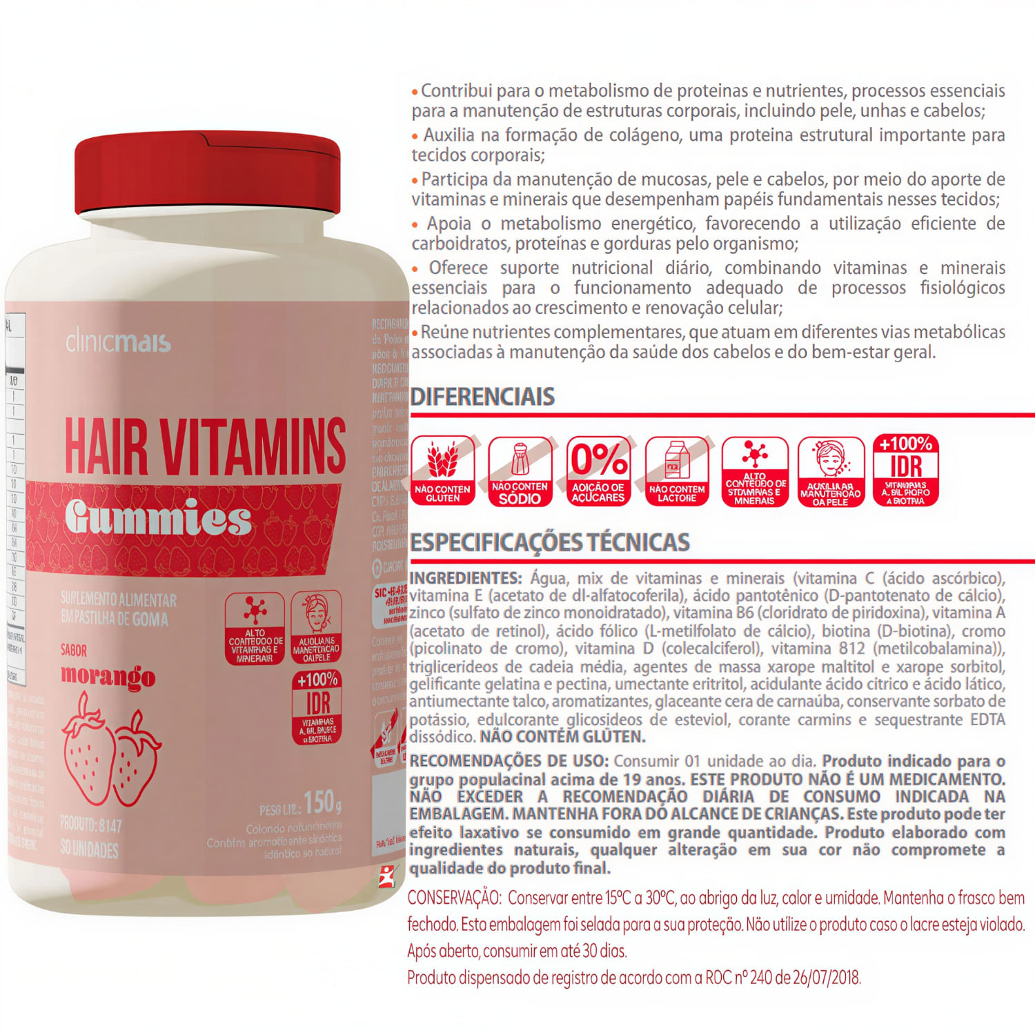 Hair Vitamins Gummies Sabor Morango Clinicmais 30 Gomas