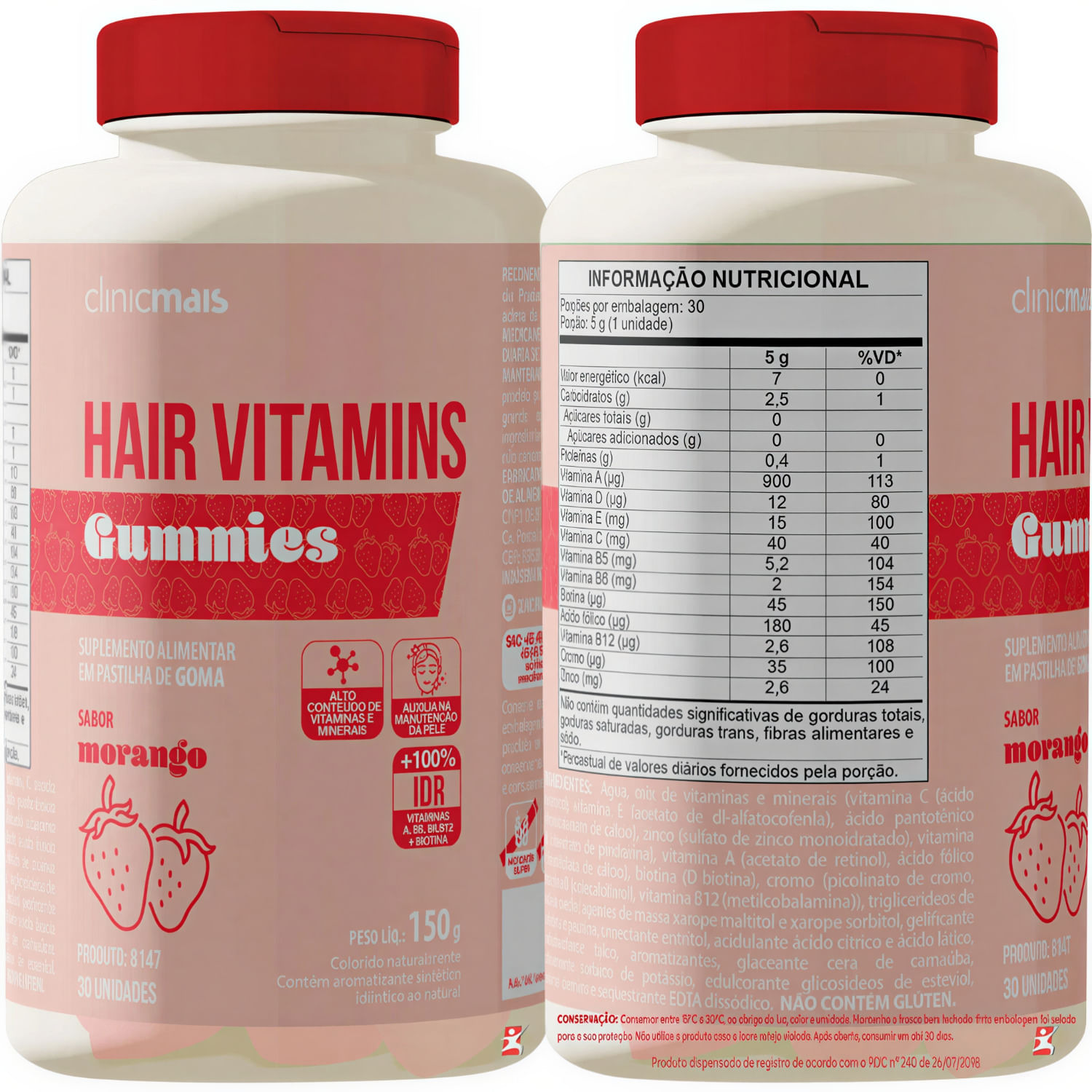 Hair Vitamins Gummies Sabor Morango Clinicmais 30 Gomas