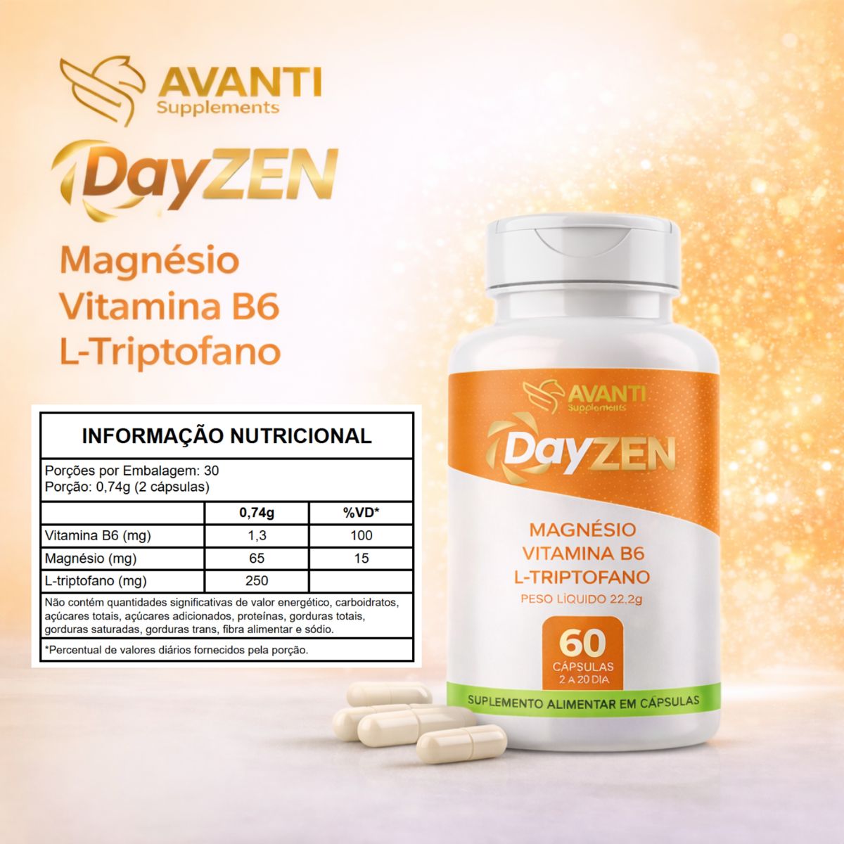 DayZen Calmante Ltriptofano 25mg + Magnésio 65mg + Vitamina B6 1,3mg Avanti Supplements 60 Cápsulas
