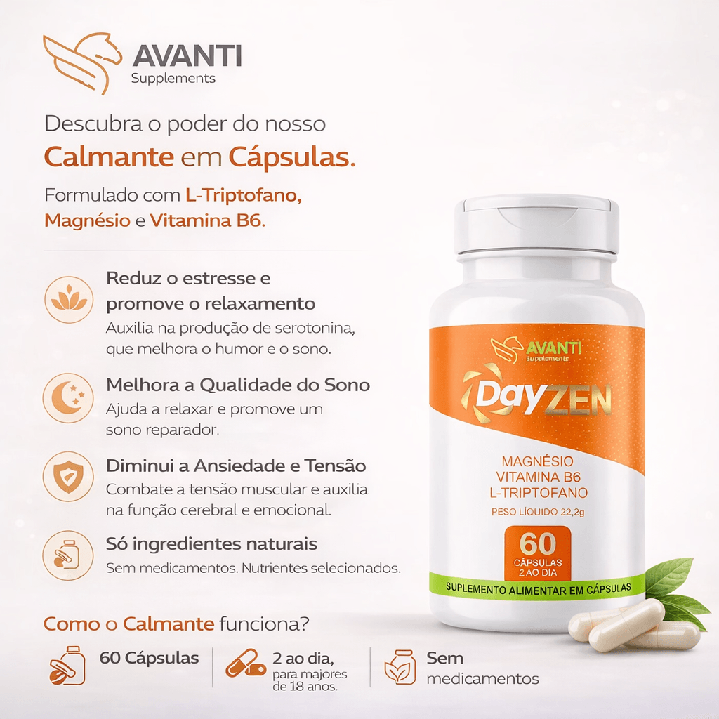 DayZen Calmante Ltriptofano 25mg + Magnésio 65mg + Vitamina B6 1,3mg Avanti Supplements 60 Cápsulas