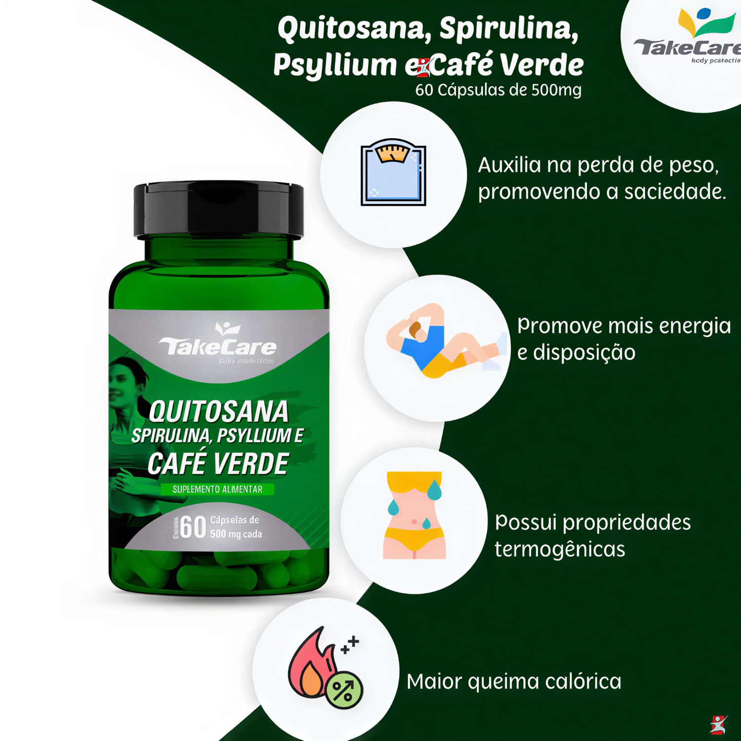 Quitosana + Spirulina + Psyllium + Café Verde Take Care 60 Cápsulas