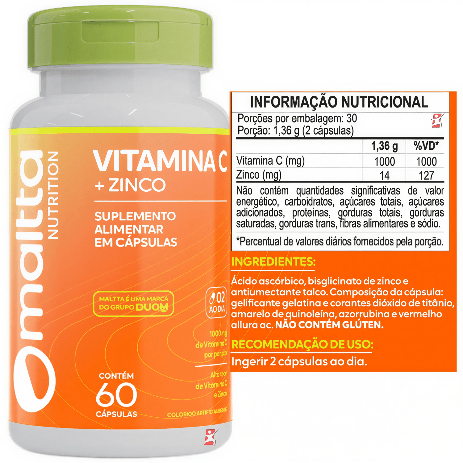 Vitamina C + Zinco Maltta Nutrition 60 Cápsulas