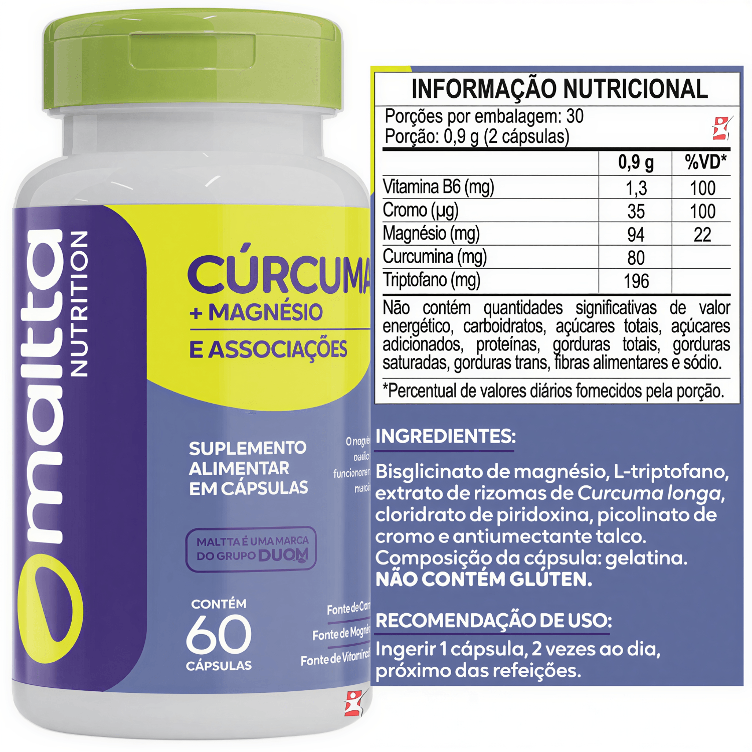 Cúrcuma + Magnésio + Cromo + Triptofano + Vitamina B6 Maltta Nutrition 60 Cápsulas