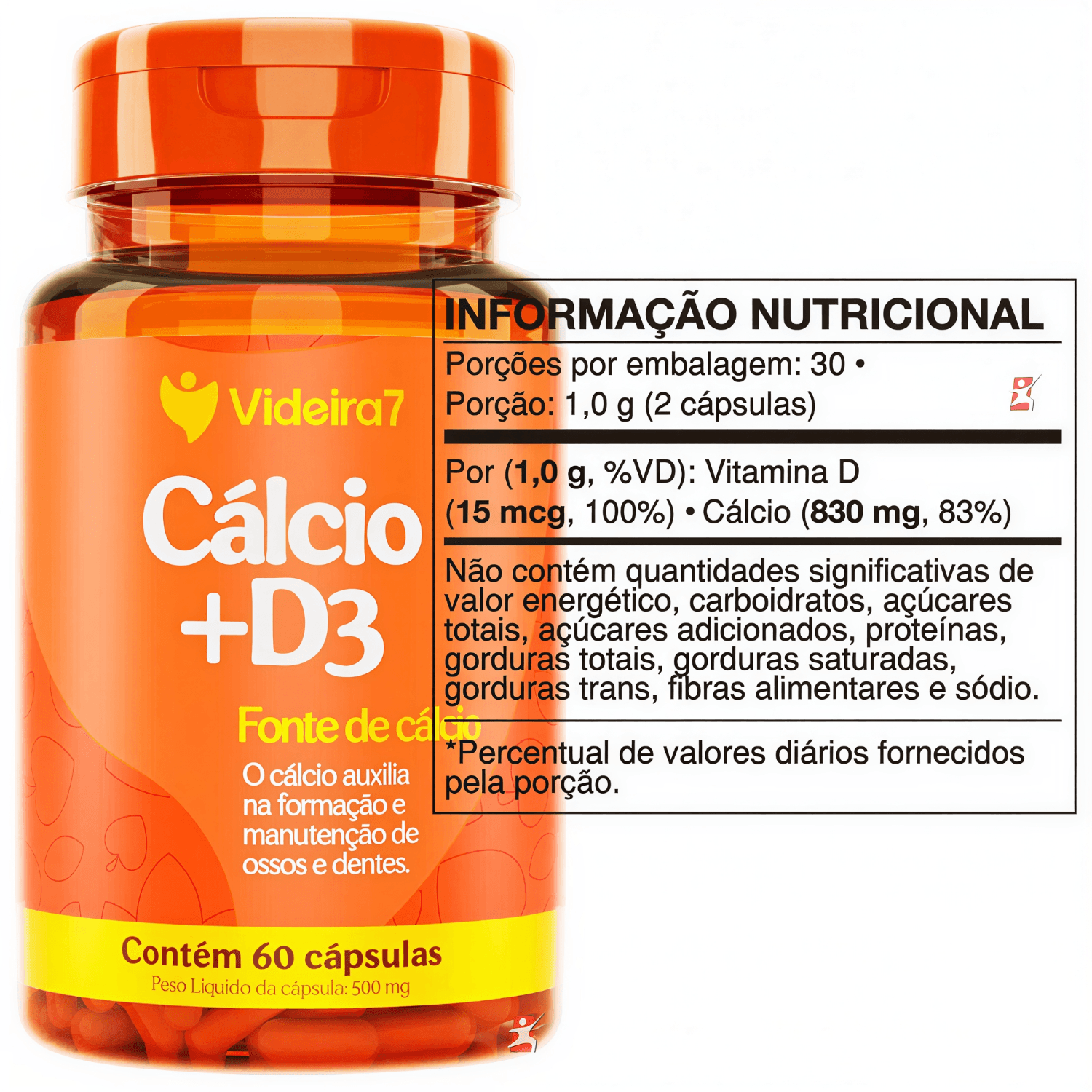 Cálcio + Vitamina D3 Videira7 60 Cápsulas