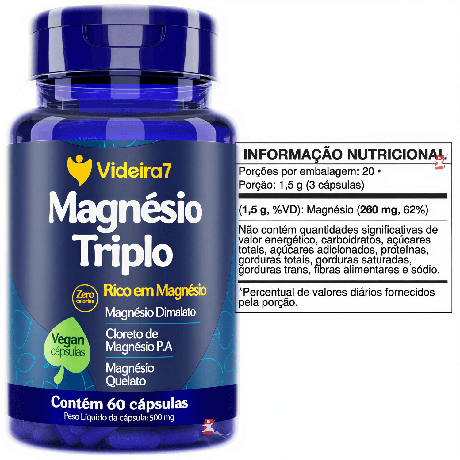 Magnésio Triplo Dimalato + Quelato + P.a Videira7 60 Cápsulas Veganas