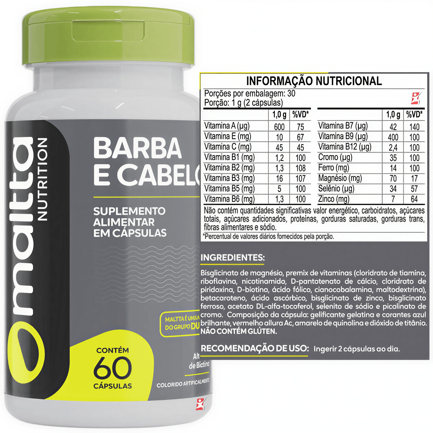 Barba E Cabelo Vitaminas E Minerais Maltta Nutrition 60 Cápsulas