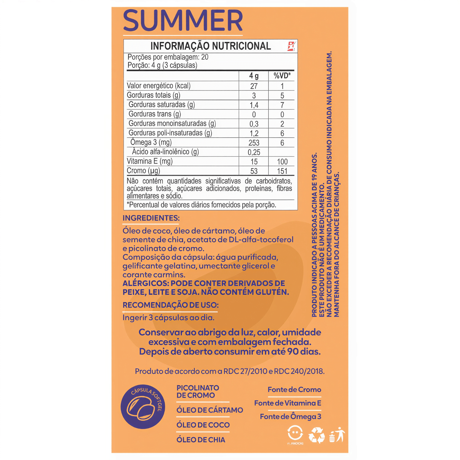 Summer Óleo De Cártamo + Chia + Coco + Picolinato De Cromo Maltta Nutrition 120 Cápsulas