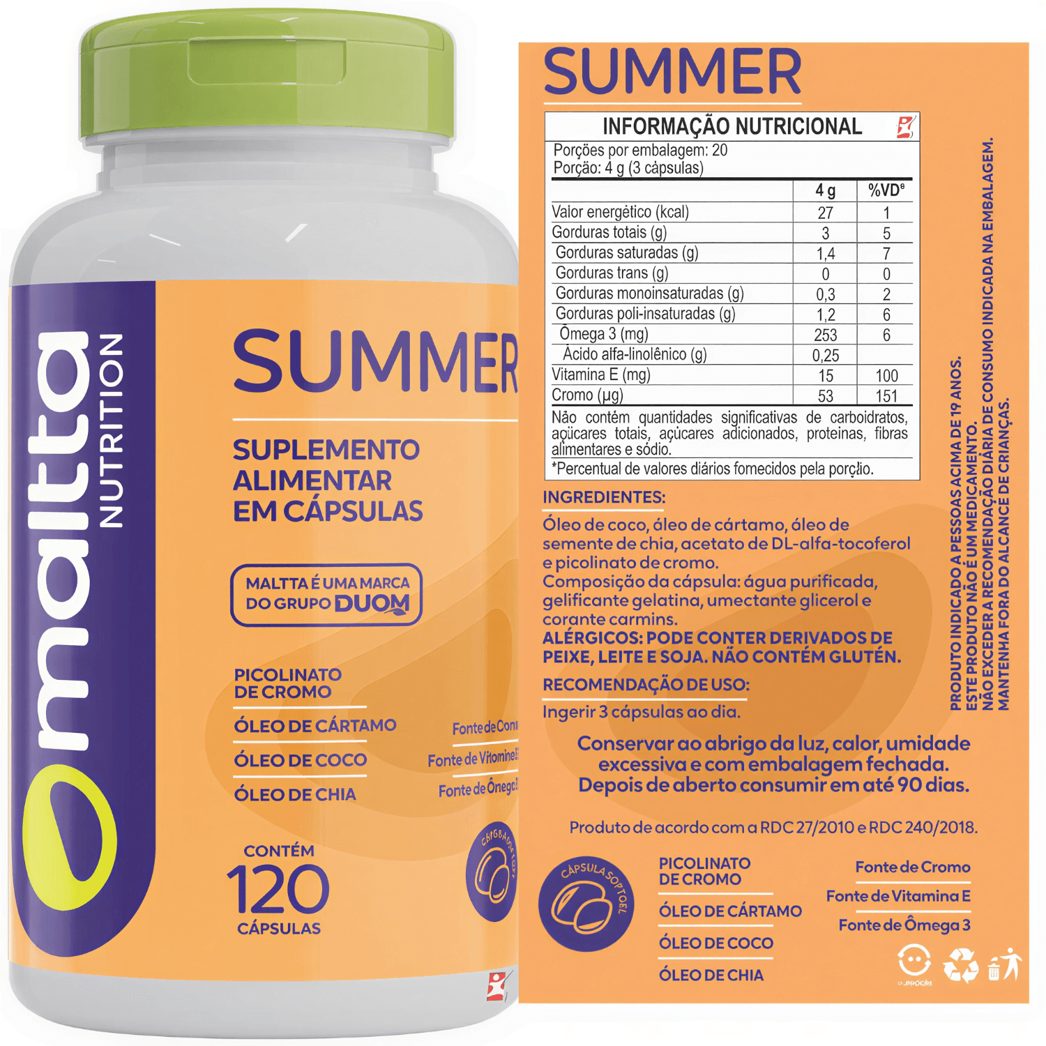 Summer Óleo De Cártamo + Chia + Coco + Picolinato De Cromo Maltta Nutrition 120 Cápsulas