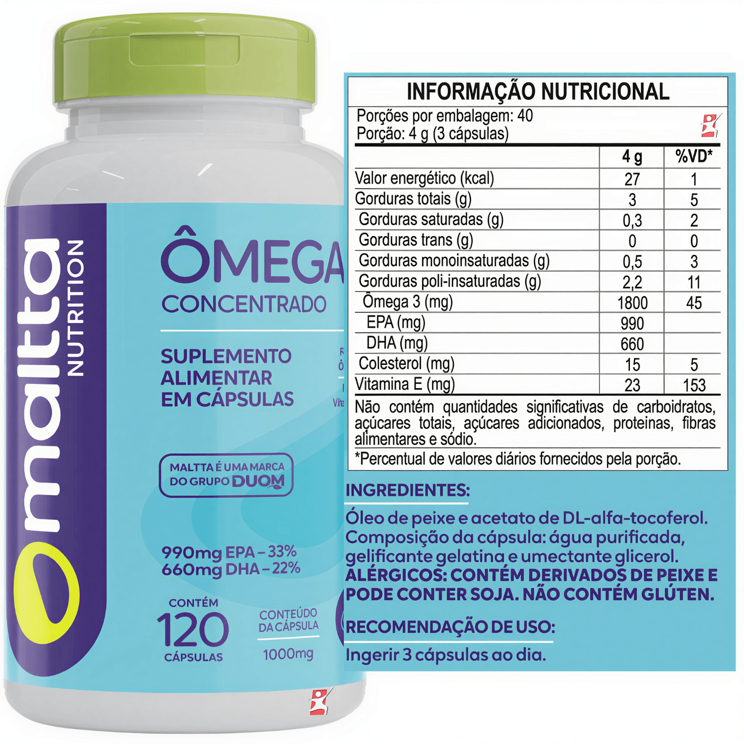 Ômega 3 Concentrado 1000mg Maltta Nutrition 120 Cápsulas