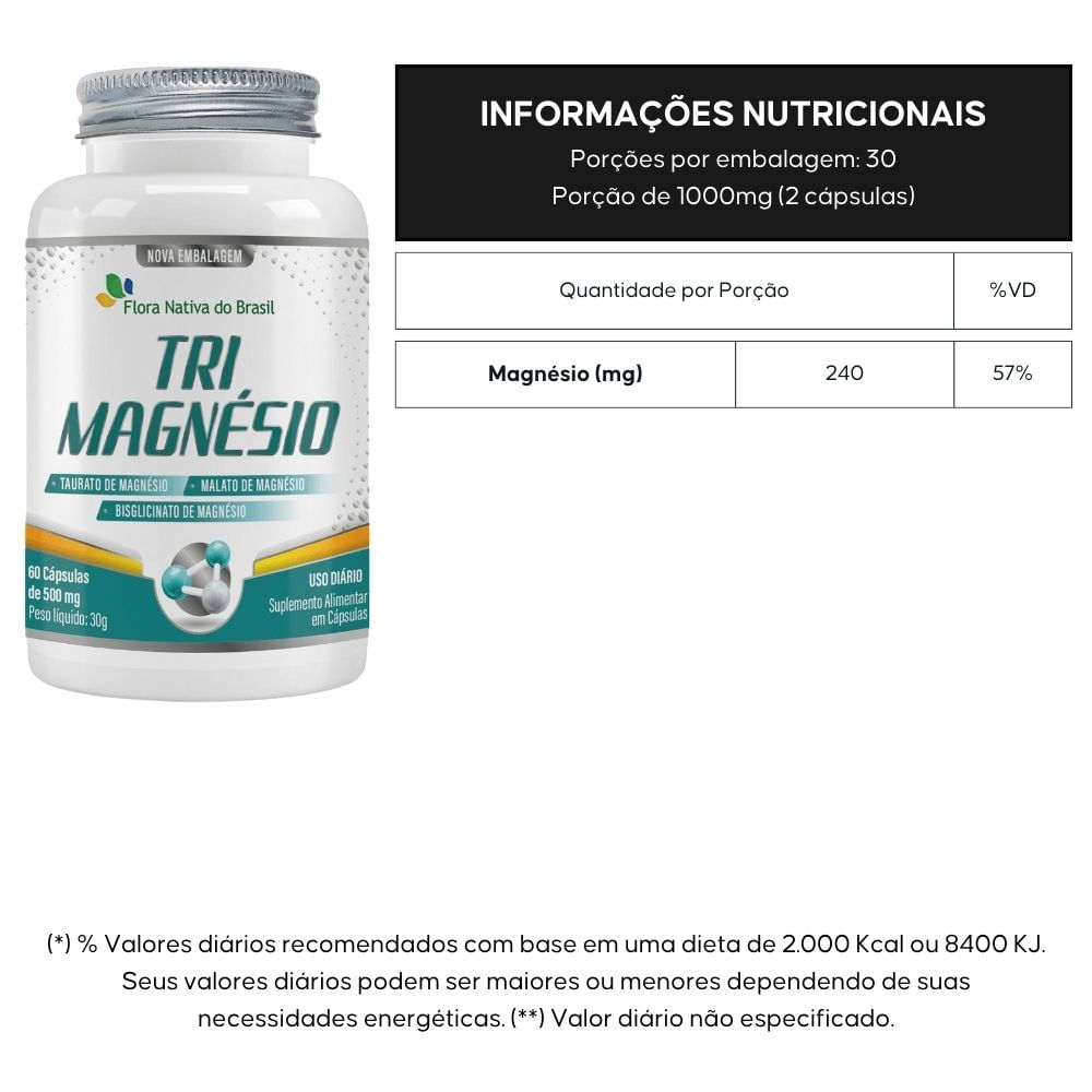 Tri Magnésio (Taurato de Magnésio, Malato e Bisglicinato) Flora Nativa 60 cápsulas