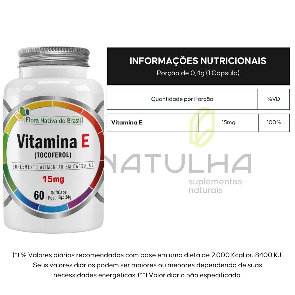 Vitamina E (Tocoferol) 100% IDR Flora Nativa 60 Cápsulas