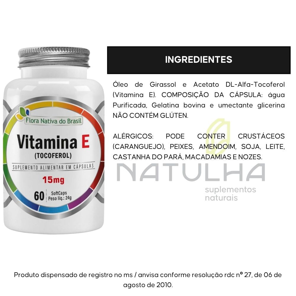 Vitamina E (Tocoferol) 100% IDR Flora Nativa 60 Cápsulas
