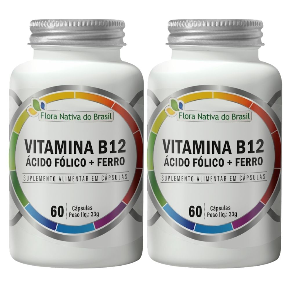 Kit 2 Vitamina B12 + Ácido Fólico + Ferro Flora Nativa 60 Cápsulas