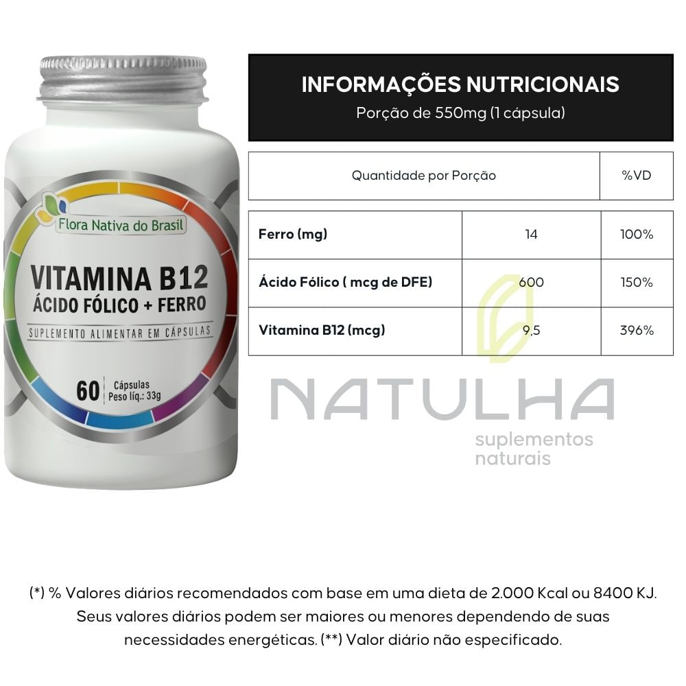 Kit 2 Vitamina B12 + Ácido Fólico + Ferro Flora Nativa 60 Cápsulas