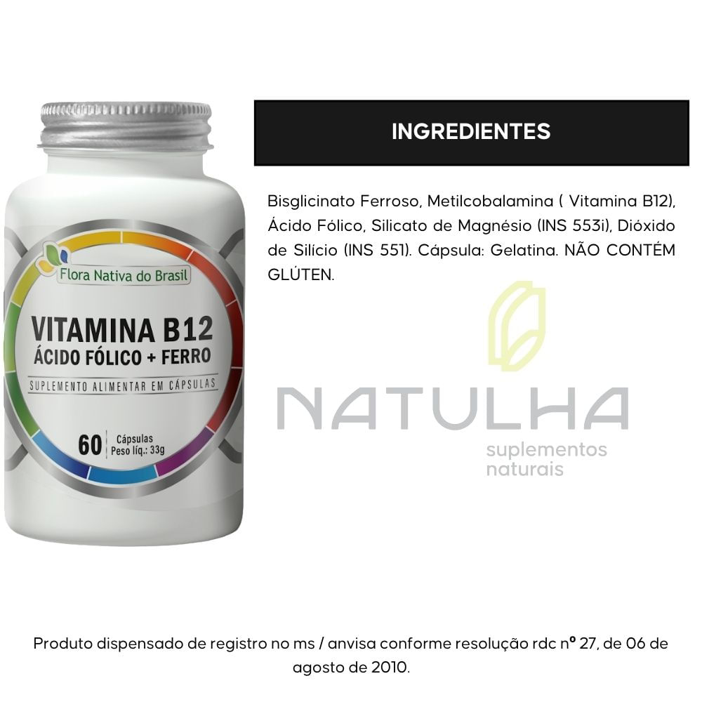 Kit 2 Vitamina B12 + Ácido Fólico + Ferro Flora Nativa 60 Cápsulas