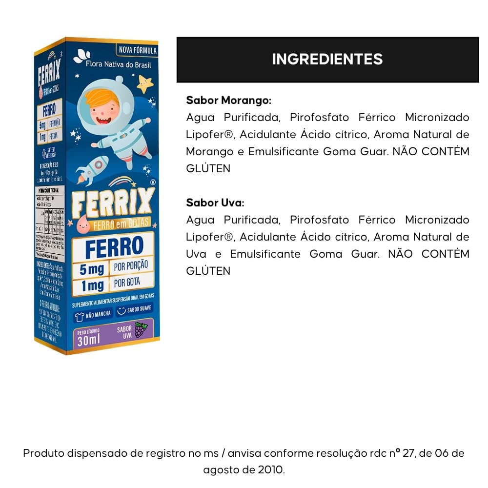 KIT 3 Ferrix (Ferro infantil) Flora Nativa Morango 30ml