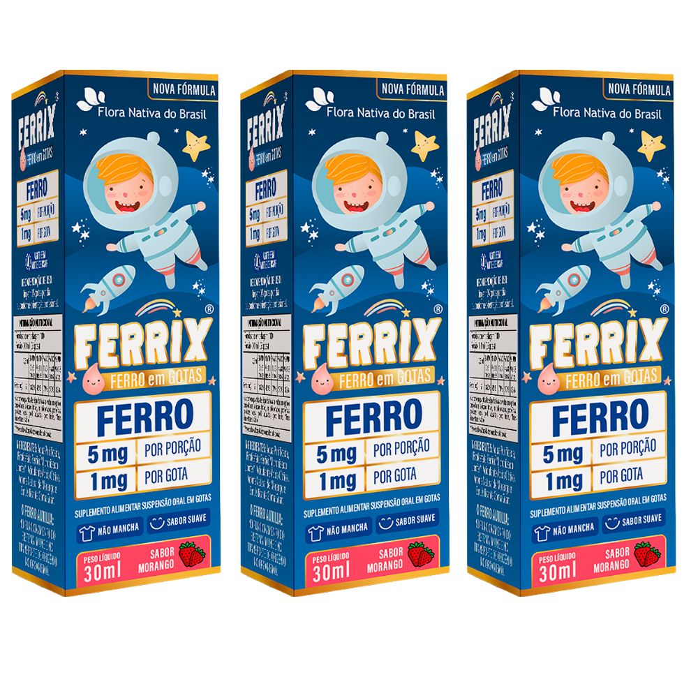 KIT 3 Ferrix (Ferro infantil) Flora Nativa Morango 30ml