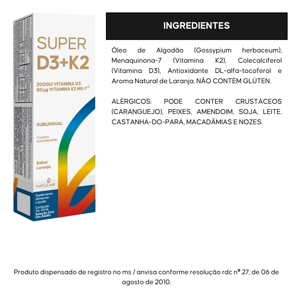 Super D3 + K2 Sublingual em gotas Natulha Sabor Laranja 20ml