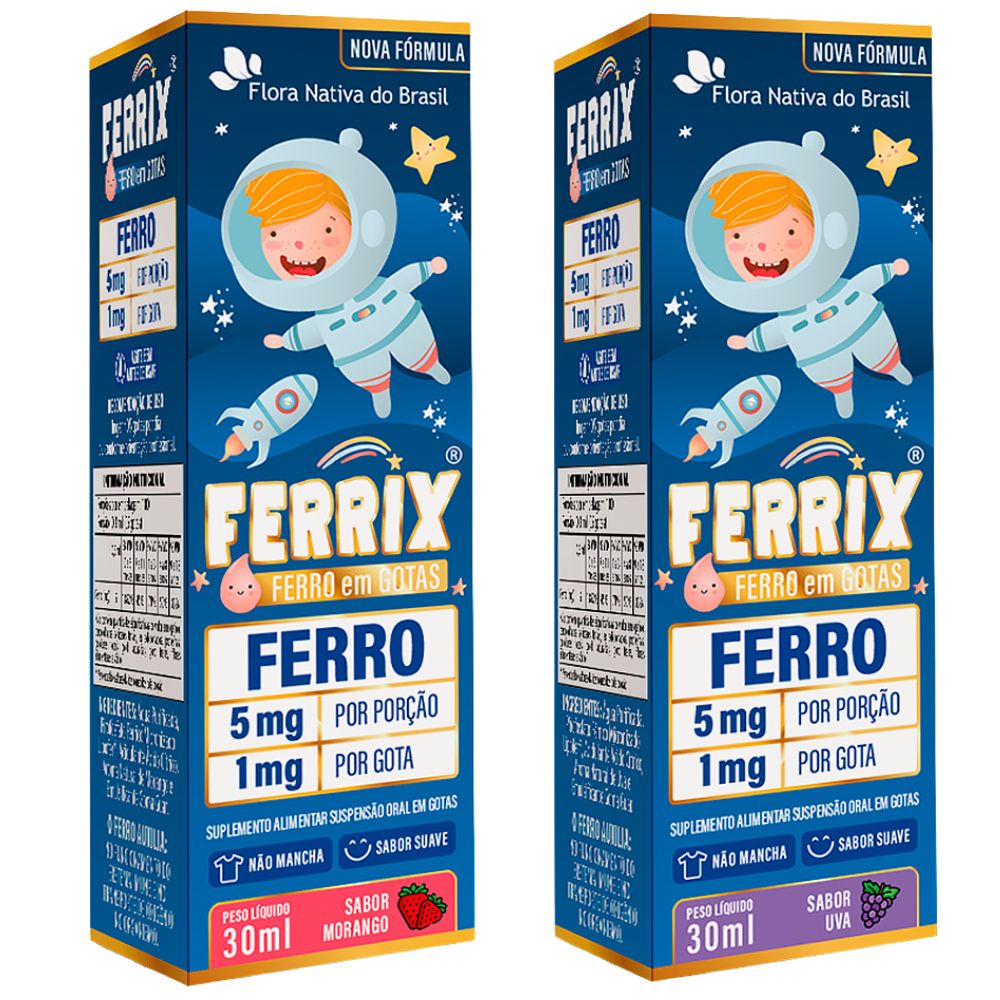 Kit Ferrix (Ferro infantil) Flora Nativa Morango + Uva 30ml
