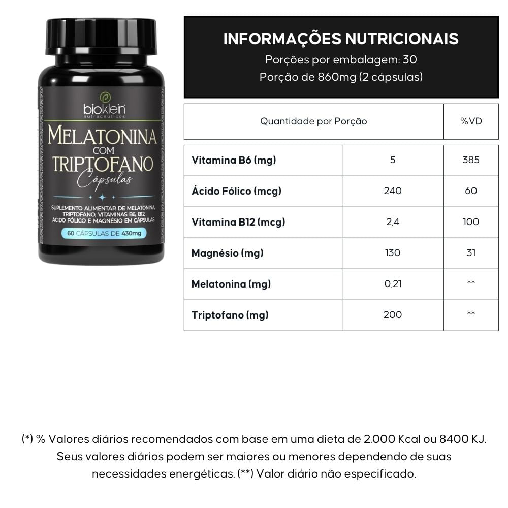 Melatonina com Triptofano Bioklein 60 Cápsulas