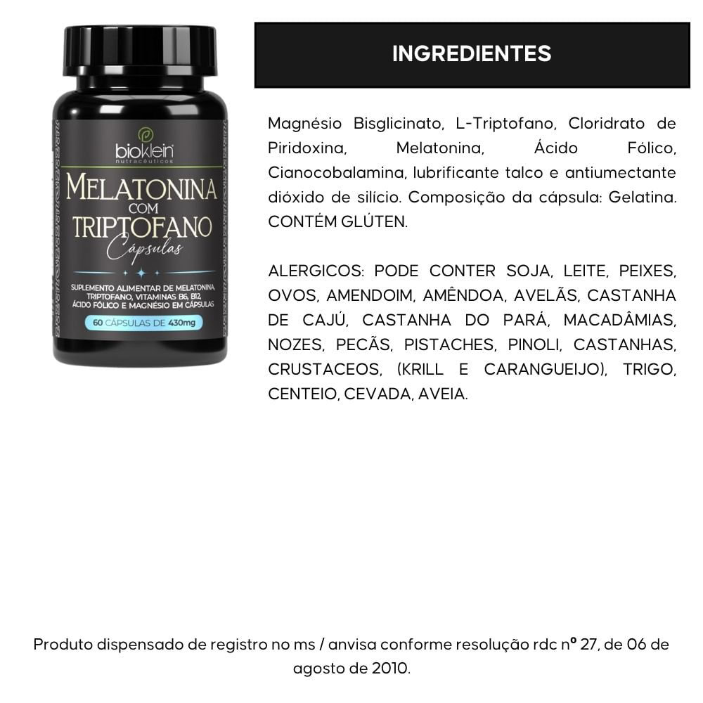 Melatonina com Triptofano Bioklein 60 Cápsulas