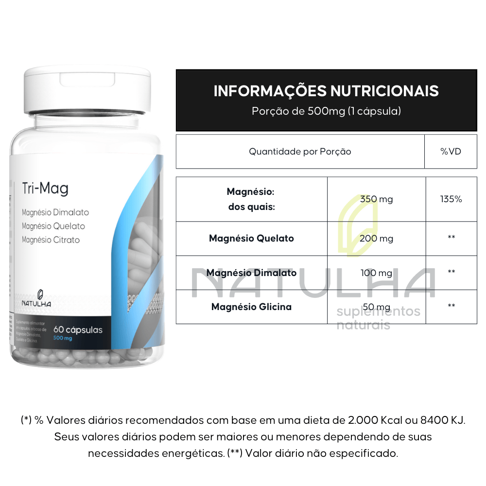 Kit 3 Tri-mag (Magnésio Dimalato, Quelato e Citrato) Natulha 60 Cápsulas