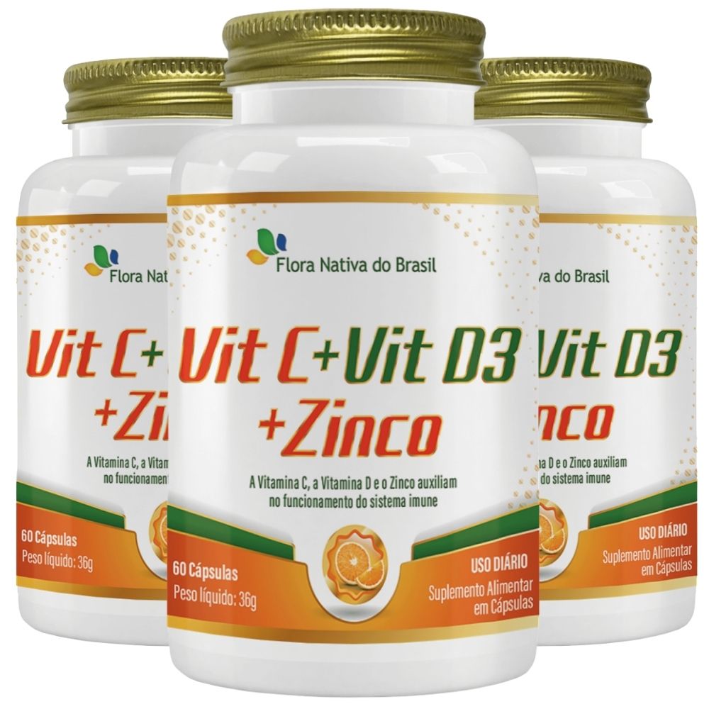 Kit 3 Vitamina C + D3 + Zinco Flora Nativa 60 Cápsulas