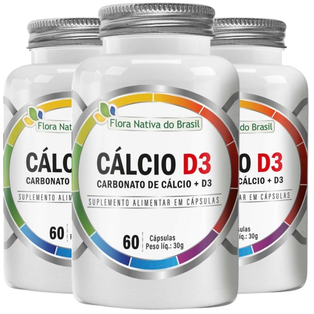 Kit 3 Cálcio D3 (Carbonato de Cálcio + Vitamina D3) Flora Nativa 60 Cápsulas