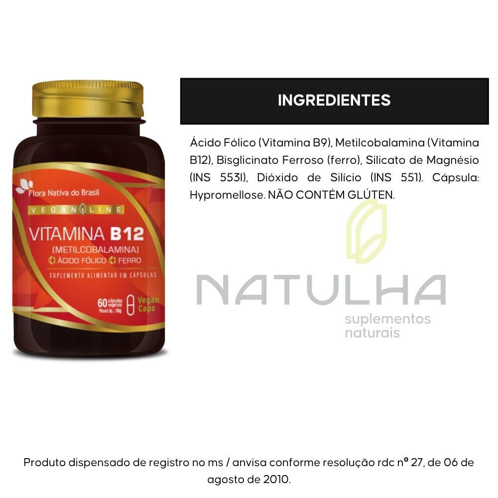 Vitamina B12 + Ferro + Ácido Fólico Flora Nativa 60 Vegan Caps