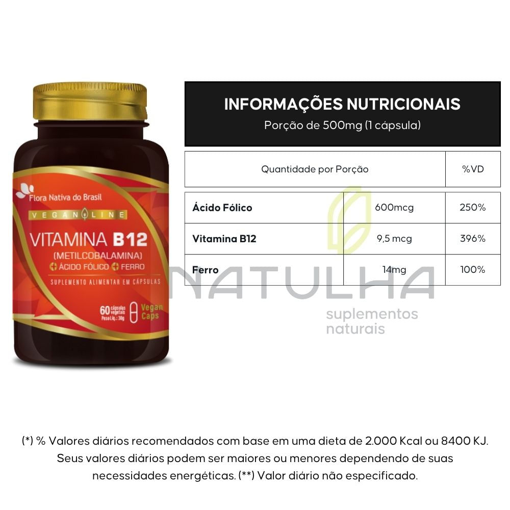 Vitamina B12 + Ferro + Ácido Fólico Flora Nativa 60 Vegan Caps