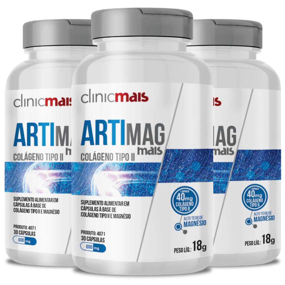 Kit 3 Artimag Colágeno Tipo 2 + Magnésio Clinicmais 30 Cápsulas