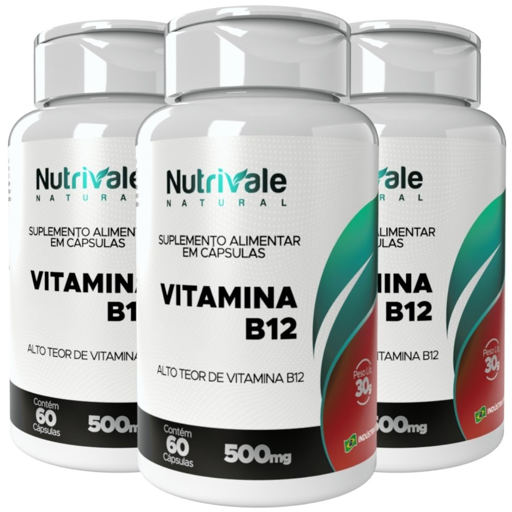 Kit 3 Vitamina B12 Cianocobalamina Nutrivale 60 Cápsulas