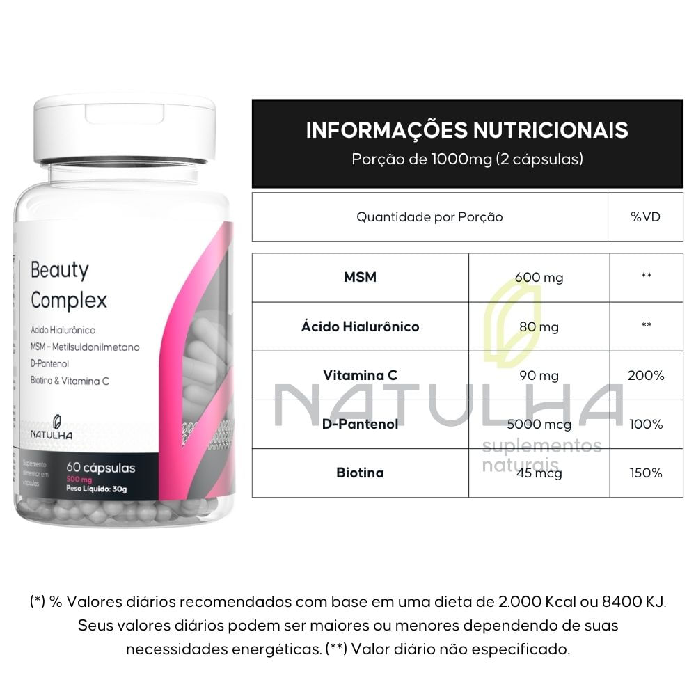 Beauty Complex Ácido Hialurônico,  MSM, D-Pantenol, Biotina e Vitamina C Natulha 60 Cápsulas