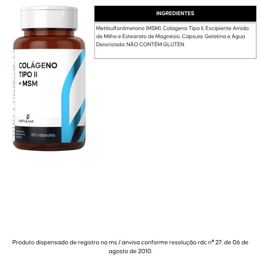 Kit 3 Colágeno Tipo 2 + MSM Natulha 60 Cápsulas