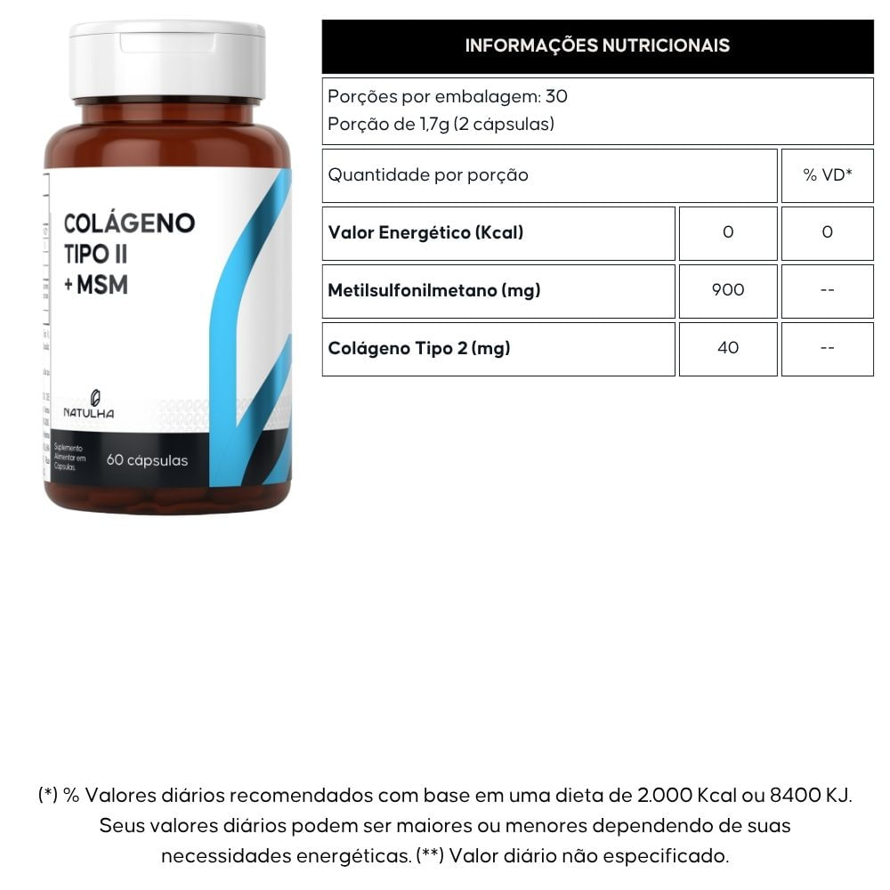 Kit 3 Colágeno Tipo 2 + MSM Natulha 60 Cápsulas