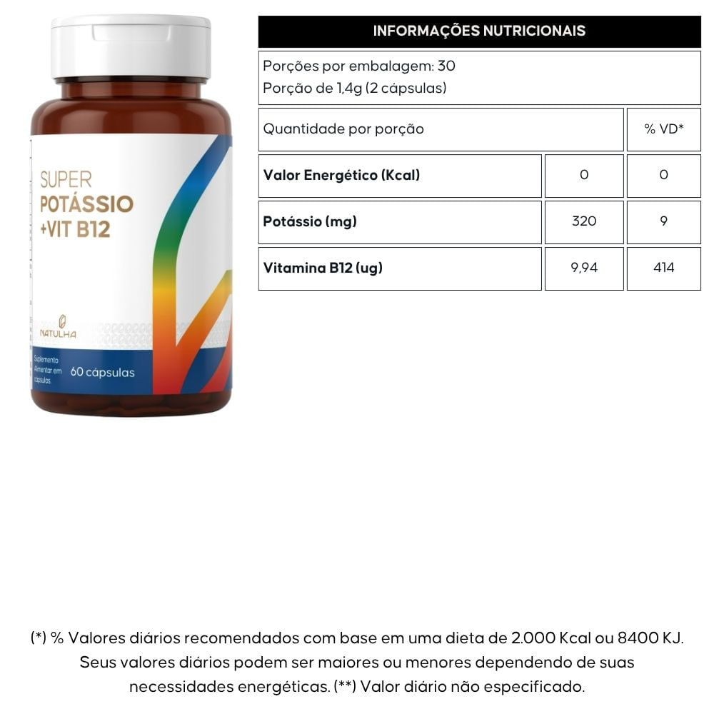 Kit 2 Super Potássio + Vitamina B12 Natulha 60 Cápsulas