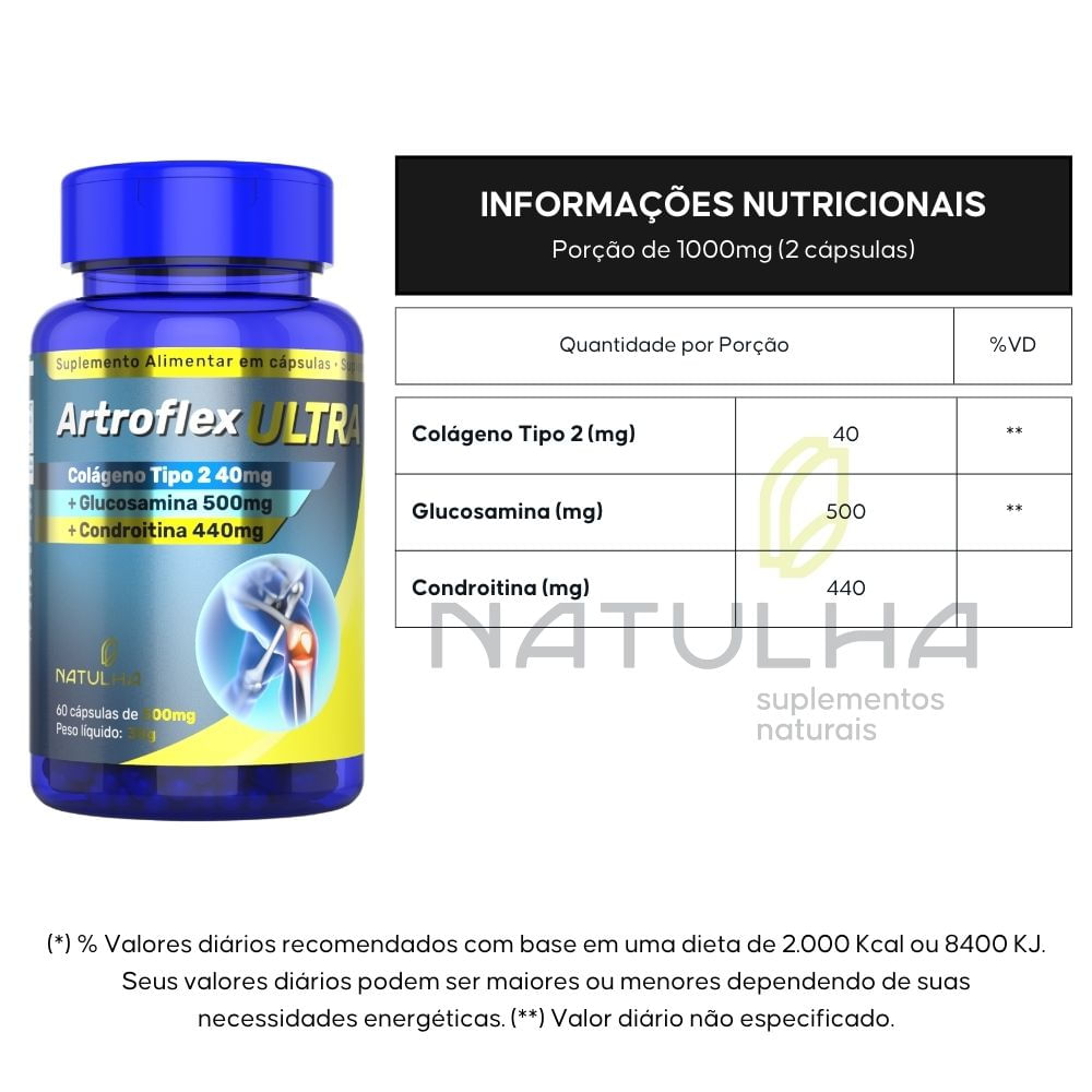 Kit 2 ArtroFlex ULTRA Glucosamina, Condroitina e Colágeno Tipo 2 Natulha 60 Cápsulas