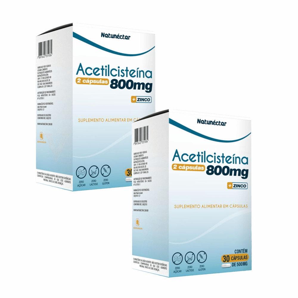 Kit 2 Acetilcisteína NAC Vitamina C, D e Zinco Natunéctar 800mg 30 Cápsulas