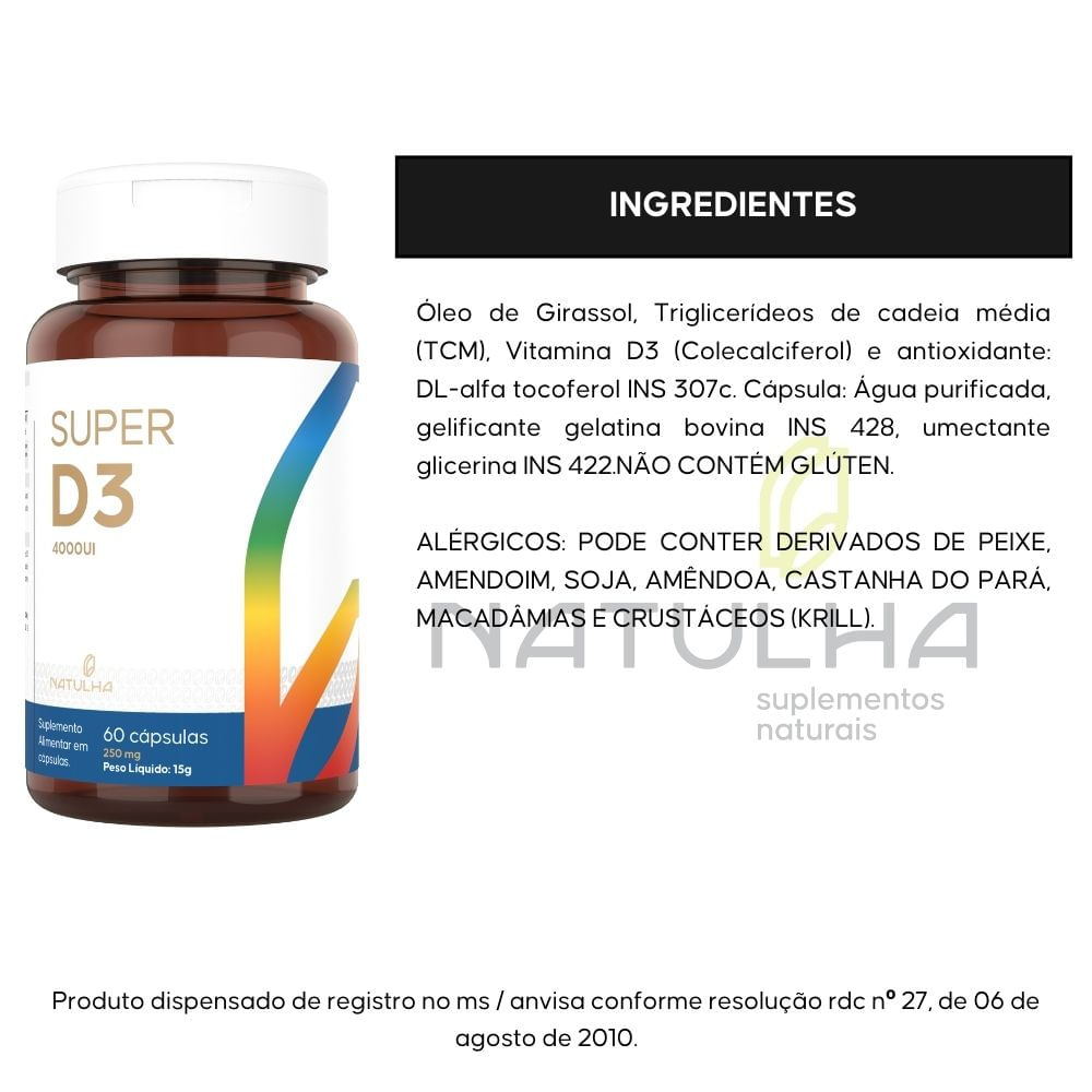 Kit 3 Super D3 4000UI Natulha 60 Cápsulas