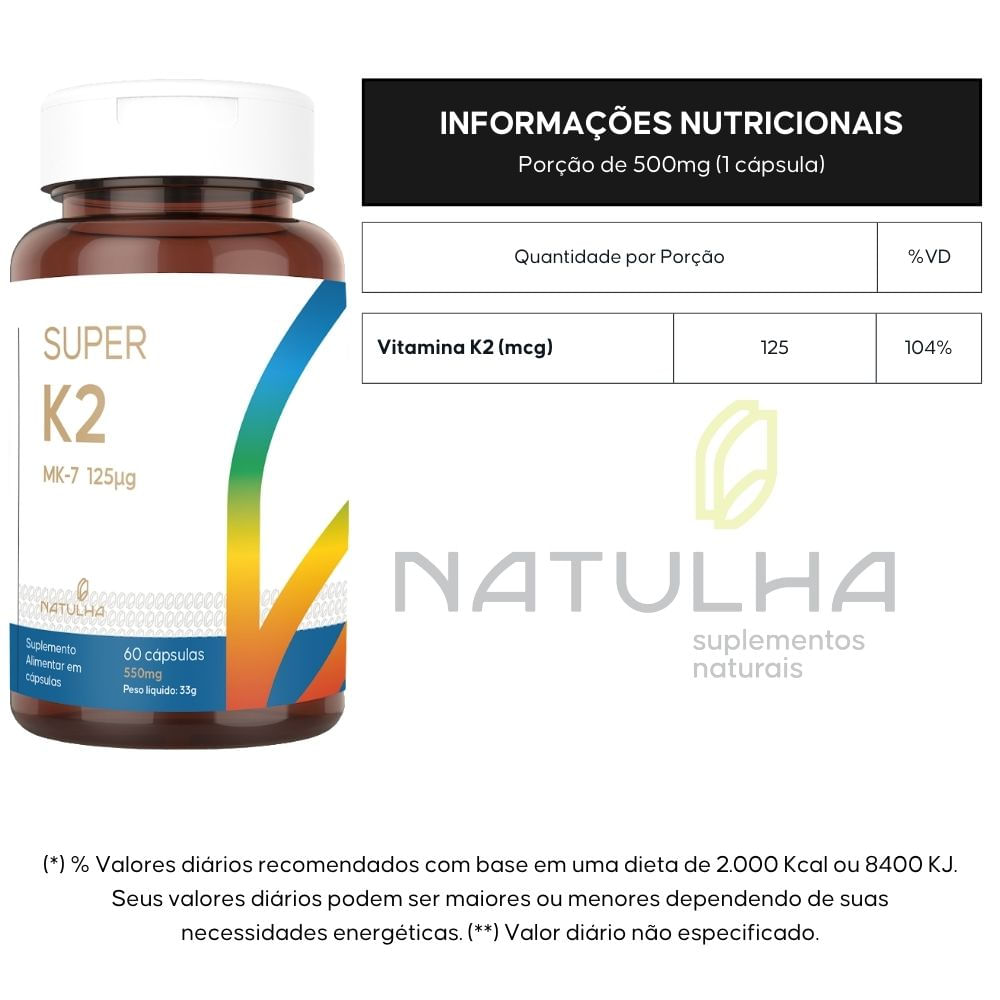 Kit 2 Super K2 Menaquinona-7 125mcg Natulha 60 Cápsulas